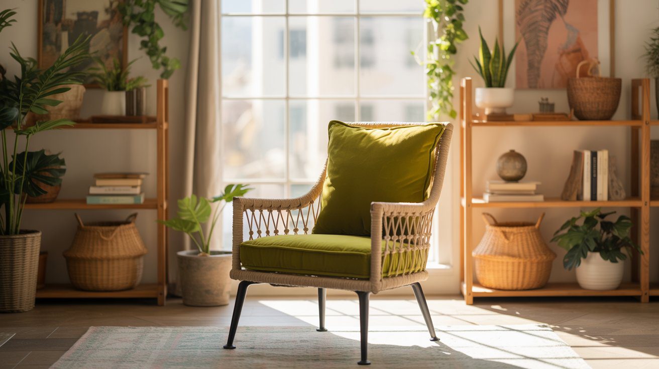 Transform your workspace into a peaceful retreat with natural light, lush greenery, and cozy touches like a wicker chair with green cushions—creating a home office that inspires both comfort and creativity.
