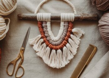 Transform your space with an easy DIY Boho wall hanging—crafted from dollar store supplies in earthy cream, brown, and rust tones, attached to a rustic twig. Surrounded by cozy yarns and simple tools, this charming project brings effortless boho flair to any room.