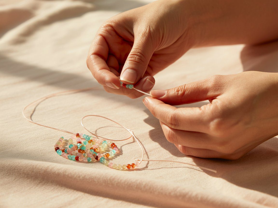 Hands weave colorful beads onto a fine string to make "bracelet 1"; other supplies lie on pale, soft fabric nearby.