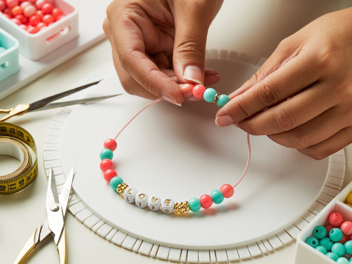 Hands assembling a bracelet with pink, turquoise, gold, and "LOVE" beads; tools and bead cases inspire DIY jewelry projects.