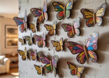 Recycled-material butterfly wall art brings vibrant color and eco-friendly charm to a sunlit, cozy living room, creating a welcoming atmosphere against a rustic white backdrop.