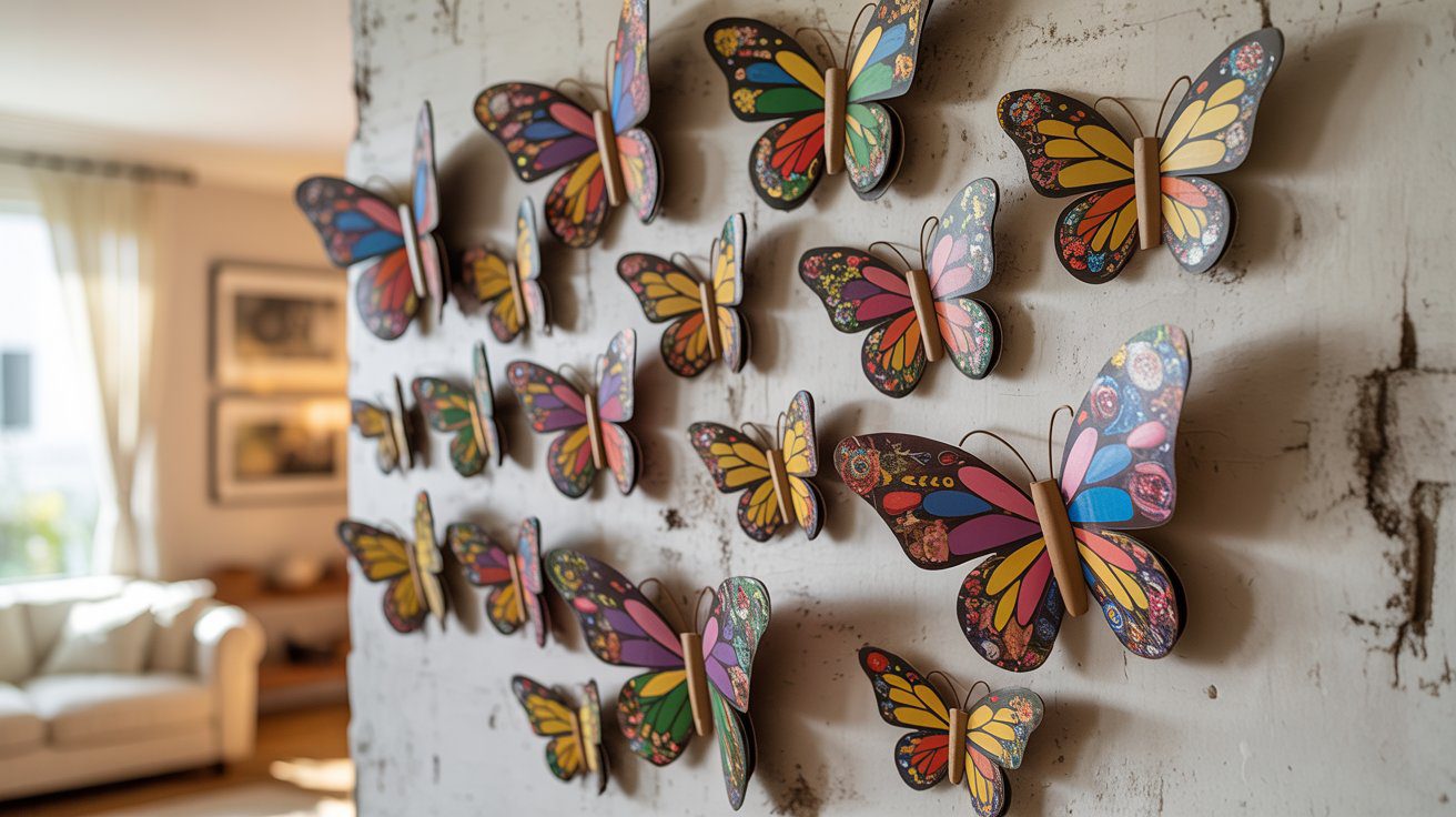 Recycled-material butterfly wall art brings vibrant color and eco-friendly charm to a sunlit, cozy living room, creating a welcoming atmosphere against a rustic white backdrop.