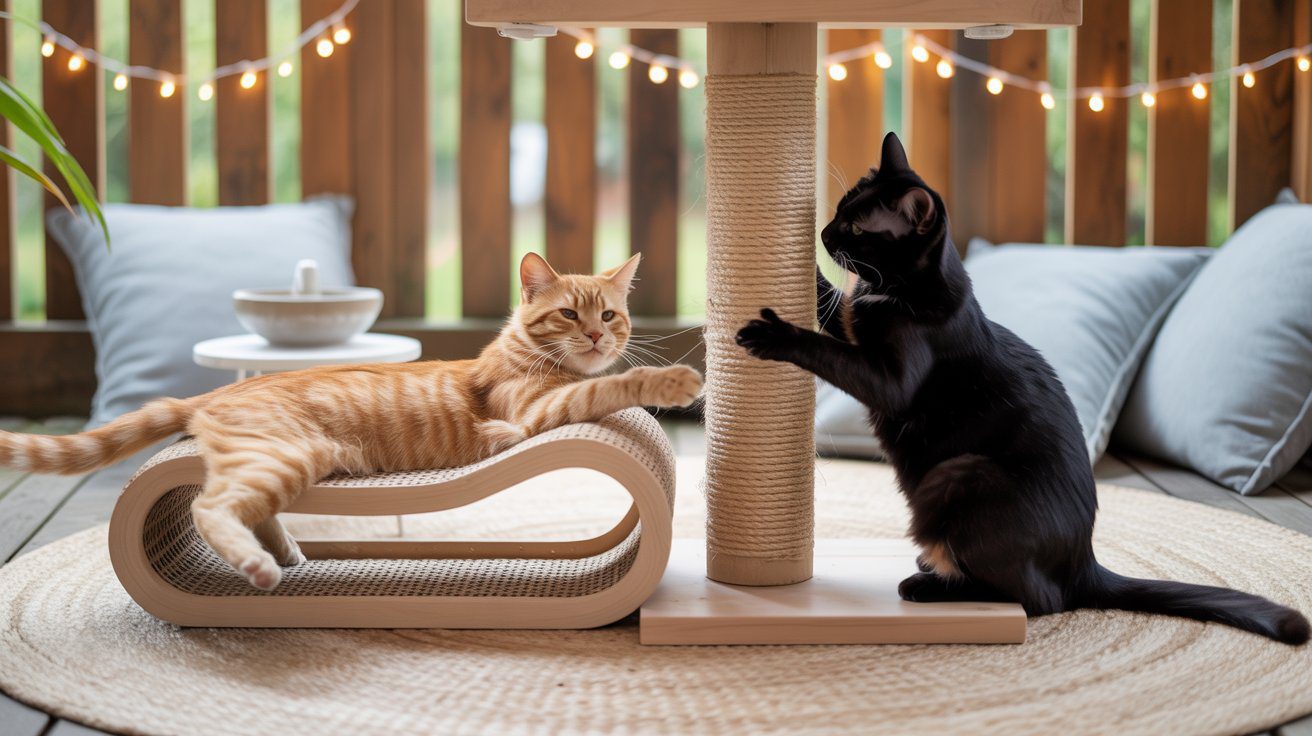 Two cats unwind in a cozy, inviting space—an orange tabby relaxes on a plush lounge bed while a black cat playfully scratches a sisal post. Cushions and soft string lights complete the warm, comforting atmosphere.