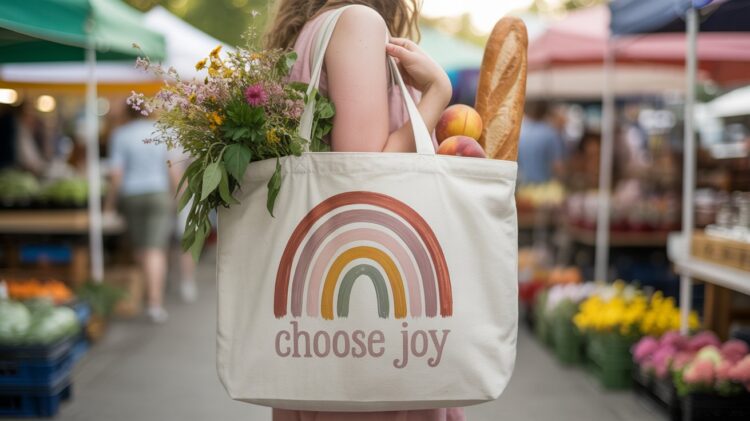 At a bustling farmers market, a woman with a DIY choose joy tote—adorned with a boho rainbow—shops for fresh flowers, peaches, and baguette amid vibrant stalls and colorful produce, capturing the spirit of positivity and mindful living.