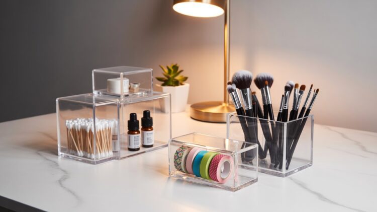 A marble-topped vanity showcases stylish organization with clear acrylic containers neatly displaying beauty essentials, creative supplies, and ambient accents—complemented by a lush plant and a chic gold lamp for a touch of elegance.