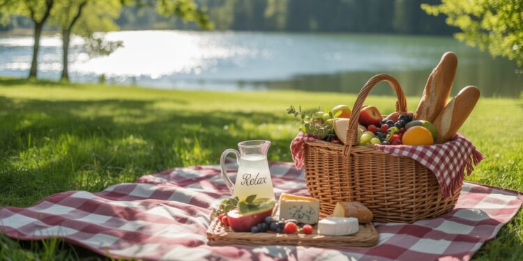 Enjoy a peaceful lakeside picnic on a red-and-white checkered blanket, surrounded by sunlight and fresh air. With easy, no-reheat foods like bread, fruit, and cheese—and a pitcher inviting you to relax—this scene captures the essence of effortless outdoor dining.