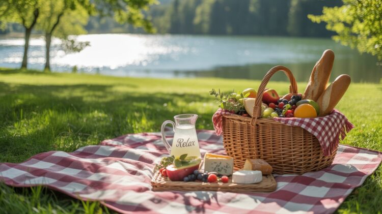 Enjoy a peaceful lakeside picnic on a red-and-white checkered blanket, surrounded by sunlight and fresh air. With easy, no-reheat foods like bread, fruit, and cheese—and a pitcher inviting you to relax—this scene captures the essence of effortless outdoor dining.