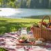 Enjoy a peaceful lakeside picnic on a red-and-white checkered blanket, surrounded by sunlight and fresh air. With easy, no-reheat foods like bread, fruit, and cheese—and a pitcher inviting you to relax—this scene captures the essence of effortless outdoor dining.