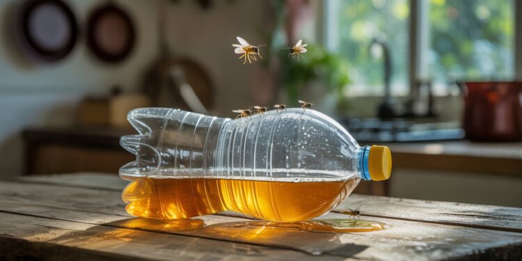A group of bees crowds around a sunlit plastic bottle of golden liquid, their activity drawing vibrant life to a wooden kitchen table.