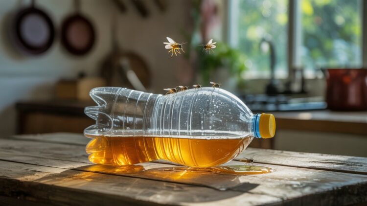 A group of bees crowds around a sunlit plastic bottle of golden liquid, their activity drawing vibrant life to a wooden kitchen table.