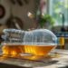 A group of bees crowds around a sunlit plastic bottle of golden liquid, their activity drawing vibrant life to a wooden kitchen table.