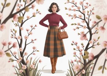Embodying autumn style, a woman in a maroon sweater and plaid skirt poses among blossoming pink branches, her look completed with brown boots and a chic handbag.