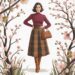 Embodying autumn style, a woman in a maroon sweater and plaid skirt poses among blossoming pink branches, her look completed with brown boots and a chic handbag.