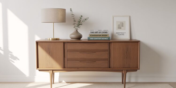 Transform thrifted finds into profit by styling a mid-century modern sideboard with vintage decor—think lamps, books, greenery, and art—for an eye-catching look that can earn you $100 or more.