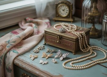 A vintage jewelry box surrounded by pearls, butterfly brooches, and timeless treasures atop a weathered blue dresser embodies the cozy elegance of grandmacore style, all bathed in gentle natural light.