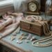 A vintage jewelry box surrounded by pearls, butterfly brooches, and timeless treasures atop a weathered blue dresser embodies the cozy elegance of grandmacore style, all bathed in gentle natural light.