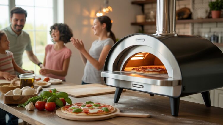 In a sunlit kitchen, a family enjoys quality time together, chatting and laughing as homemade pizza bakes in a sleek countertop oven. Fresh ingredients like tomatoes, basil, and mozzarella await on the counter, setting the scene for delicious memories in the making.