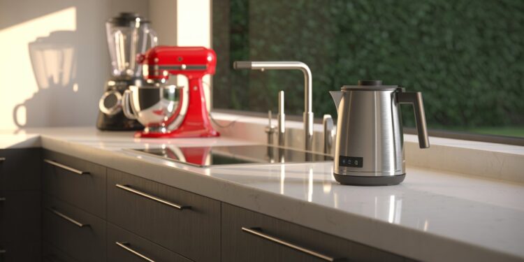 Bright and inviting, this modern kitchen boasts sleek white countertops and state-of-the-art appliances—including a striking red stand mixer, silver kettle, and blender—all basking in natural sunlight from a window with lush green views.