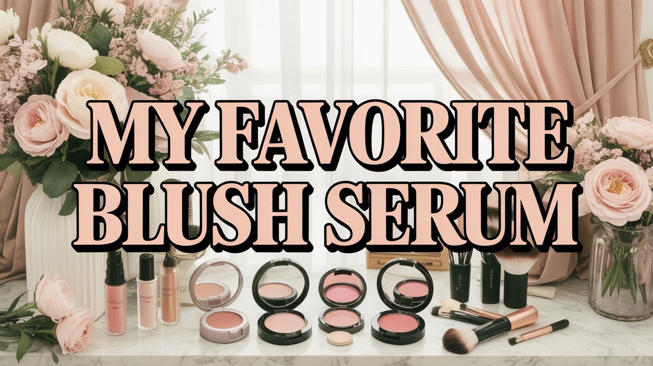 A charming vanity scene adorned with blush, makeup brushes, and blush serums, framed by soft pink flowers and flowing curtains—spotlighting top blush serum favorites for a radiant beauty routine.