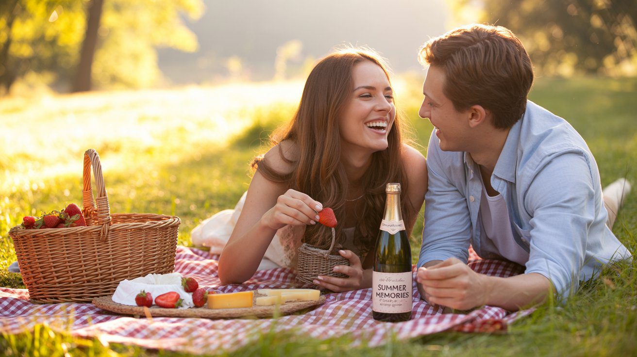 A joyful couple shares a romantic picnic amid lush greenery, savoring strawberries, cheese, and sparkling wine—capturing the essence of an idyllic summer date.