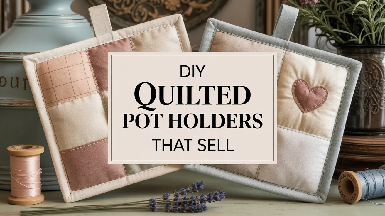 Two quilted potholders—one with patchwork, one with a heart—rest on a table beside spools of thread, lavender, and a sign: “Design Your Own Quilted Pot Holders That Sell.” Discover more in our blog.