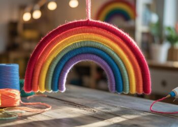 A vibrant yarn-wrapped rainbow brightens a sunlit, cozy room, while spools of yarn and a glue gun on the table capture the joyful spirit of DIY crafting in progress.