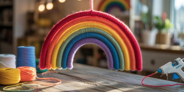 A vibrant yarn-wrapped rainbow brightens a sunlit, cozy room, while spools of yarn and a glue gun on the table capture the joyful spirit of DIY crafting in progress.