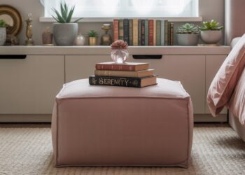 A pink ottoman with built-in storage serves as a stylish focal point in a cozy bedroom filled with plants, books, and personal decor, enhancing both function and ambiance beneath sunlit sheer curtains.