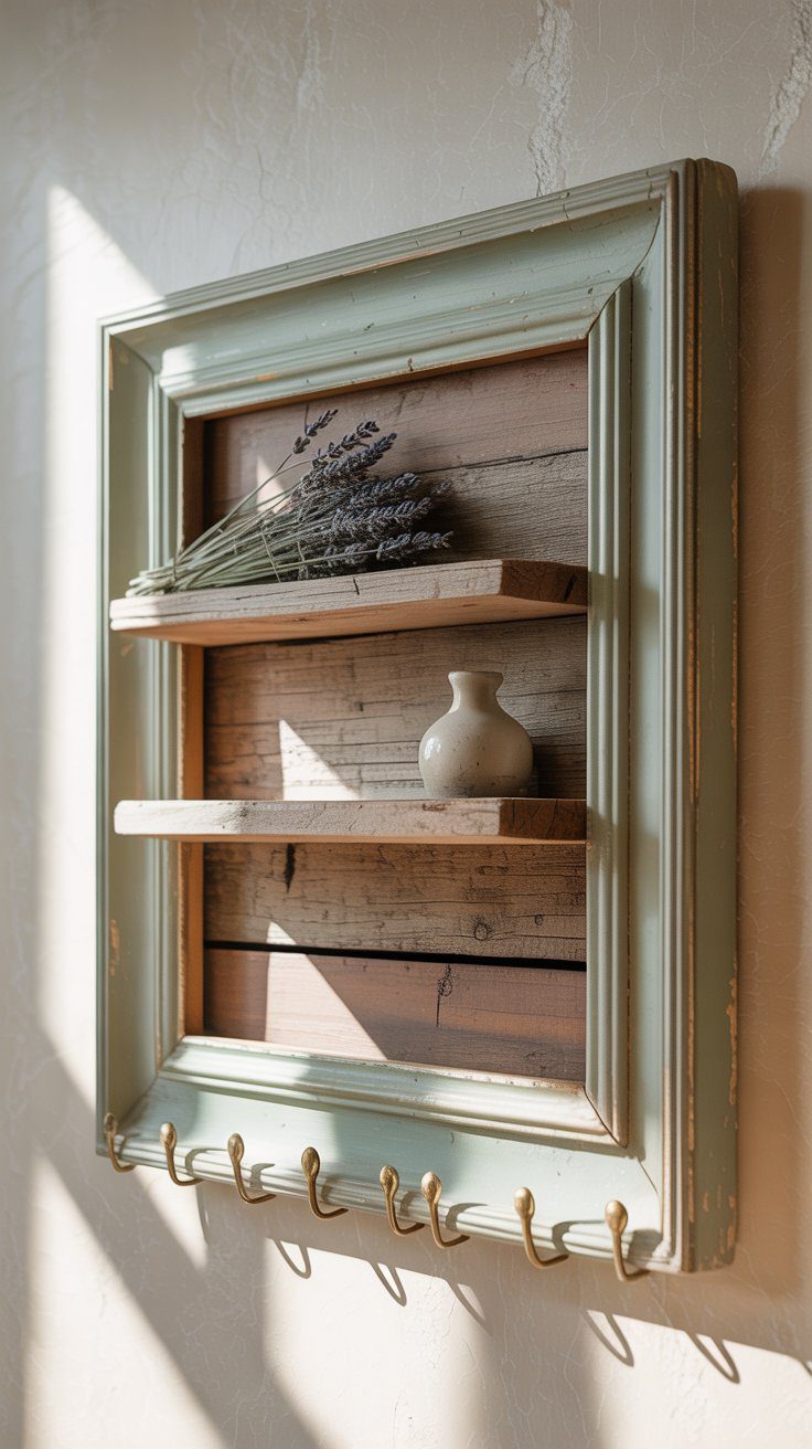 Take an old wooden picture frame from a thrift store, remove the glass, and turn it into a vintage-style wall shelf.Attach small reclaimed wood planks or old drawer fronts across the frame opening to create shallow ledges. Paint everything in chalky white or soft sage green, then lightly sand for a distressed, farmhouse finish. Add brass hooks along the bottom for keys or jewelry.