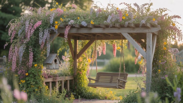 A wooden garden swing nestles beneath a pergola overflowing with vibrant wildflowers, while dappled sunlight and a nearby birdhouse complete the idyllic cottagecore scene.