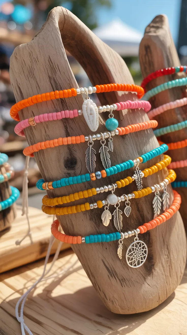 Vibrant anklets adorned with beads, feathers, and shells hang on a wooden stand at a market, ideal for creative summer crafters.