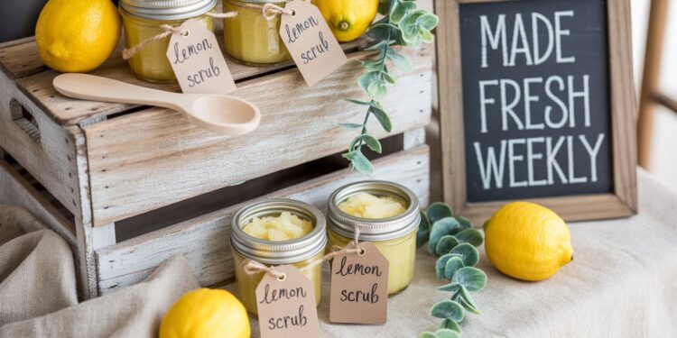 A charming farmers market-inspired display showcases handmade lemon sugar scrubs in mason jars, accented with fresh lemons, greenery, and a welcoming “Made Fresh Weekly” chalkboard sign—capturing the essence of rustic freshness and artisanal care.