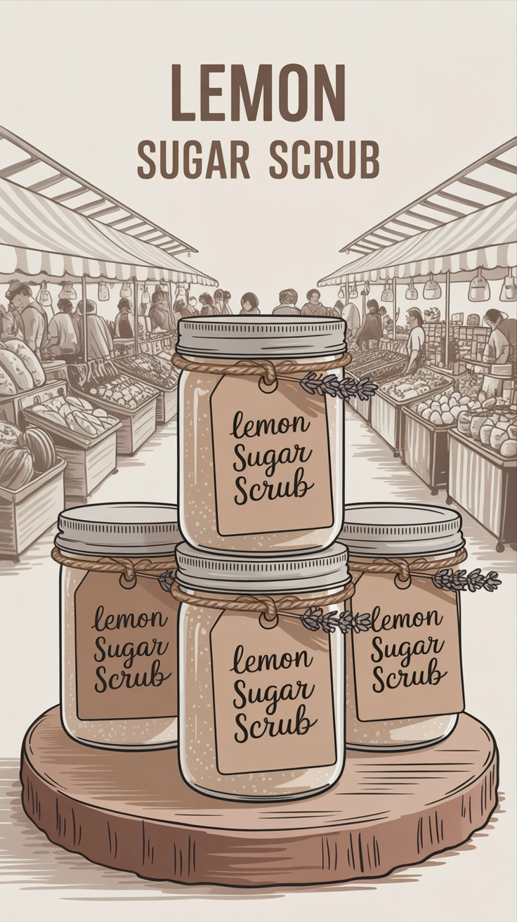 Stacked on a wooden table, three Lemon Sugar Scrub jars sit below an illustrated farmers market and the label "Lemon Sugar Scrub.