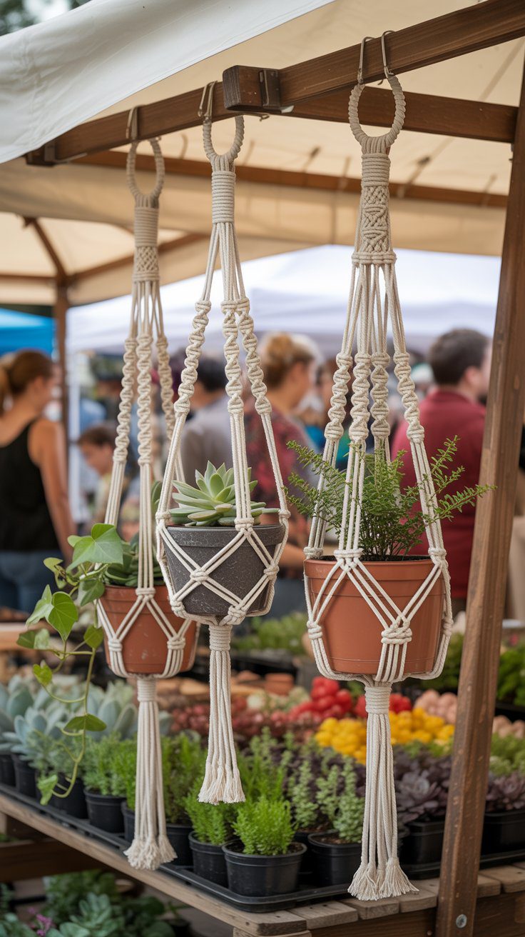 Three potted plants in macrame hangers are showcased among succulents at an outdoor market stall, attracting browsing shoppers.