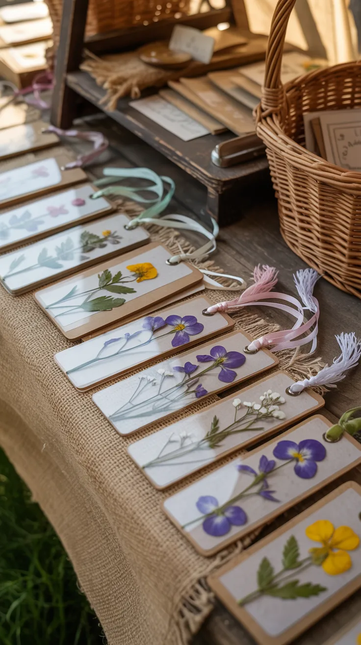Handcrafted bookmarks with pressed flowers and tassels displayed on burlap at a farmers market, perfect for summer craft enthusiasts.