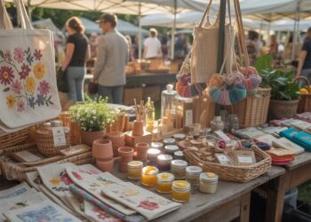 Discover handmade summer crafts—embroidered totes, pottery, candles, woven baskets, and potted plants—as shoppers browse vibrant market stalls under sunlit white tents at the farmers market.