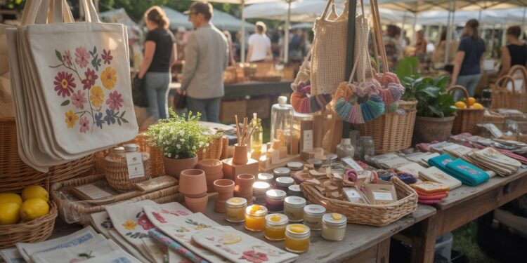 Discover handmade summer crafts—embroidered totes, pottery, candles, woven baskets, and potted plants—as shoppers browse vibrant market stalls under sunlit white tents at the farmers market.