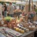 Discover handmade summer crafts—embroidered totes, pottery, candles, woven baskets, and potted plants—as shoppers browse vibrant market stalls under sunlit white tents at the farmers market.