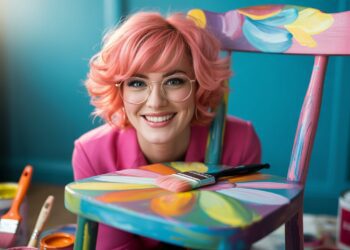 A creative entrepreneur with bright pink hair and glasses brings old furniture to life, transforming pieces into colorful works of art in her lively studio—a testament to her passion for artistic furniture flipping as a thriving side hustle.