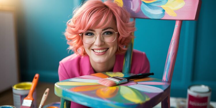 A creative entrepreneur with bright pink hair and glasses brings old furniture to life, transforming pieces into colorful works of art in her lively studio—a testament to her passion for artistic furniture flipping as a thriving side hustle.