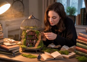 In her warmly lit study, a woman finds inspiration at a desk lined with books, captivated by a birdcage reimagined as an enchanting DIY Book Nook. Inside, miniature shelves and tiny figurines create a magical library scene—inviting creativity, imagination, and the wonder of literary worlds into her everyday life.