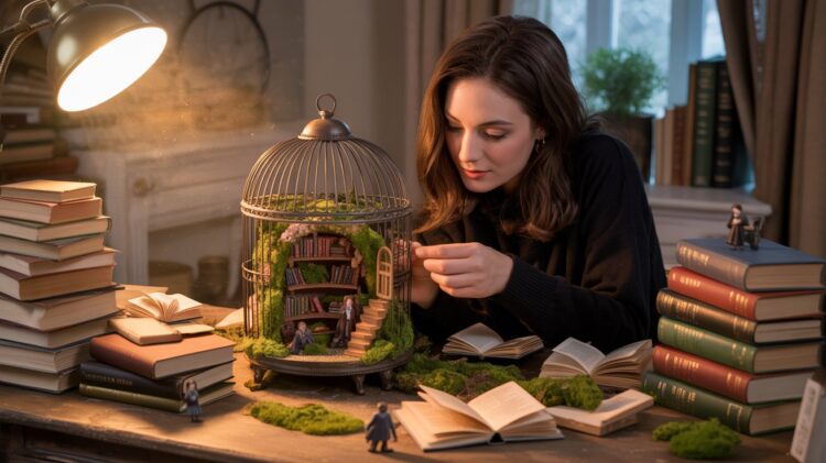 In her warmly lit study, a woman finds inspiration at a desk lined with books, captivated by a birdcage reimagined as an enchanting DIY Book Nook. Inside, miniature shelves and tiny figurines create a magical library scene—inviting creativity, imagination, and the wonder of literary worlds into her everyday life.