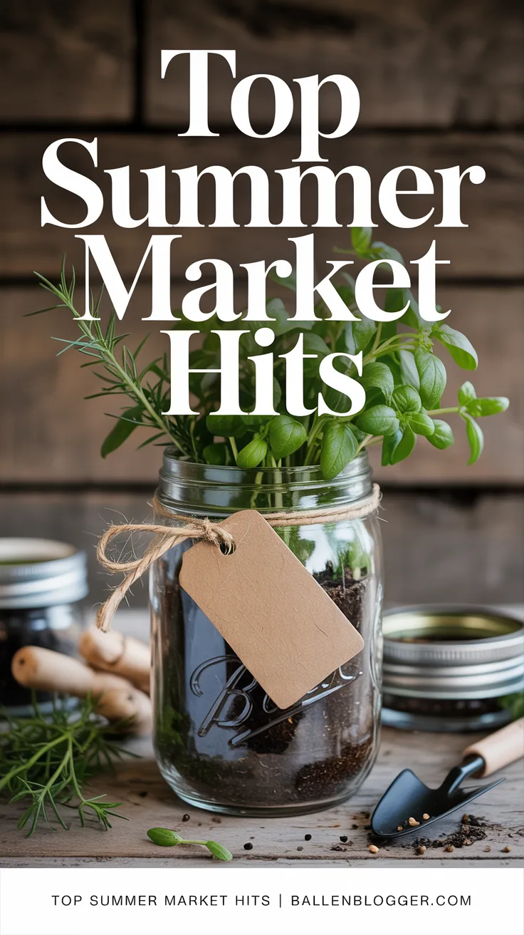Wooden table displays a soil-filled herb garden with basil, rosemary, tools, and jars. Text overlay: “Top Summer Market Hits.”.