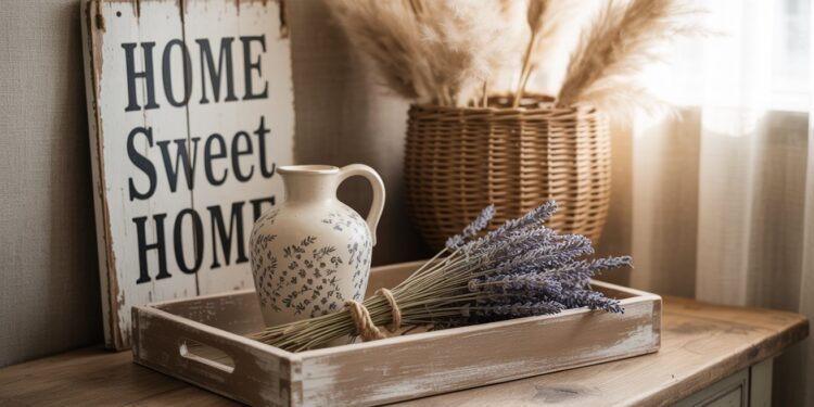 A charming thrifted vignette features a floral ceramic jug and fresh lavender, set atop a wooden tray. Rustic touches—like pampas grass in a wicker basket and a “Home Sweet Home” sign glowing in natural light—capture the cozy essence of curated secondhand decor.