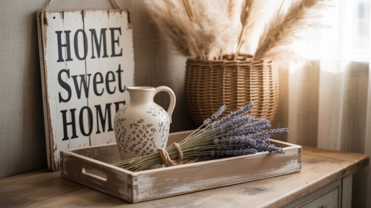 A charming thrifted vignette features a floral ceramic jug and fresh lavender, set atop a wooden tray. Rustic touches—like pampas grass in a wicker basket and a “Home Sweet Home” sign glowing in natural light—capture the cozy essence of curated secondhand decor.