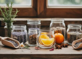 A sunlit rustic table displays an array of natural laundry scent inspirations—dried herbs, spices, uplifting citrus, and aromatic botanicals like lavender and rosemary—inviting you to bring fresh, fragrant elements into your home.