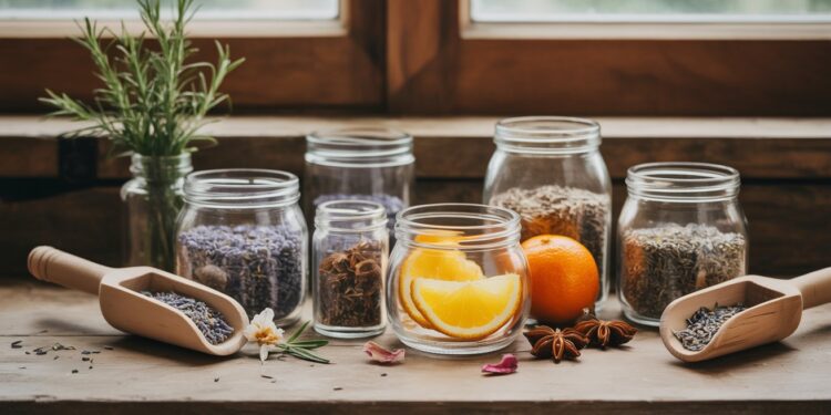 A sunlit rustic table displays an array of natural laundry scent inspirations—dried herbs, spices, uplifting citrus, and aromatic botanicals like lavender and rosemary—inviting you to bring fresh, fragrant elements into your home.