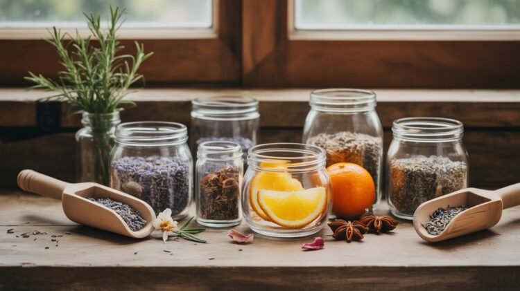 A sunlit rustic table displays an array of natural laundry scent inspirations—dried herbs, spices, uplifting citrus, and aromatic botanicals like lavender and rosemary—inviting you to bring fresh, fragrant elements into your home.