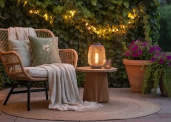 Transform your patio into a warm retreat with cozy wicker seating, soft blankets, glowing lanterns, and lush greenery—all brought together under charming string lights for an inviting outdoor escape.