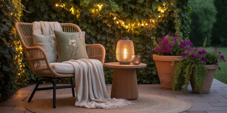 Transform your patio into a warm retreat with cozy wicker seating, soft blankets, glowing lanterns, and lush greenery—all brought together under charming string lights for an inviting outdoor escape.
